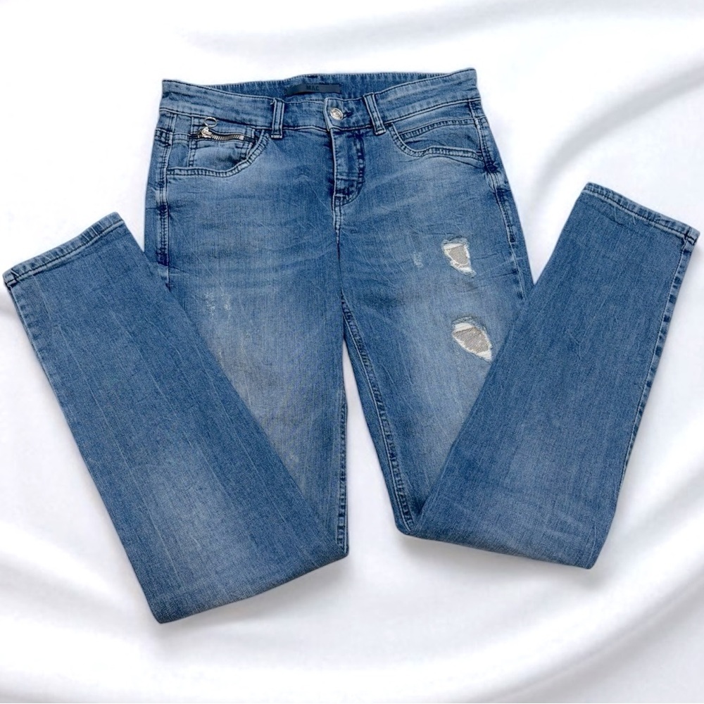 MAC JEANS (4) Slim Jeans Zip Detail Destoyed Glam Straight Leg Medium Wash